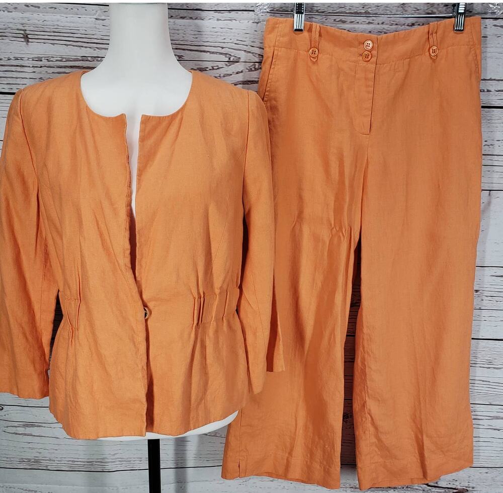 Madison Women's Orange 100%Linen Blazer Jacket & Pants Set Size 6
